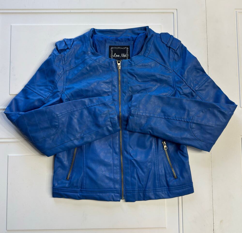 Love Moi Womens Sz M Faux Leather Jacket Moto Biker Full Zip Blue